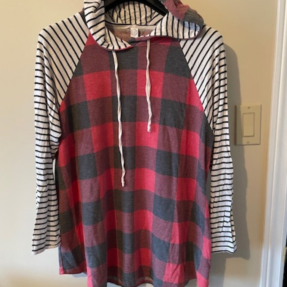 CY Plaid/Stripped Pink/Grey  Hoodie Size M